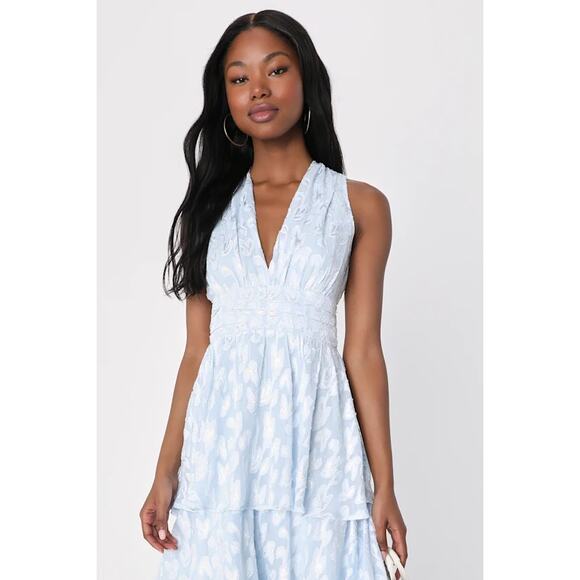 NWT Lulus Make It Mesmerizing Light Blue Jacquard Tiered Midi Dress Bohemian M - Picture 3 of 8